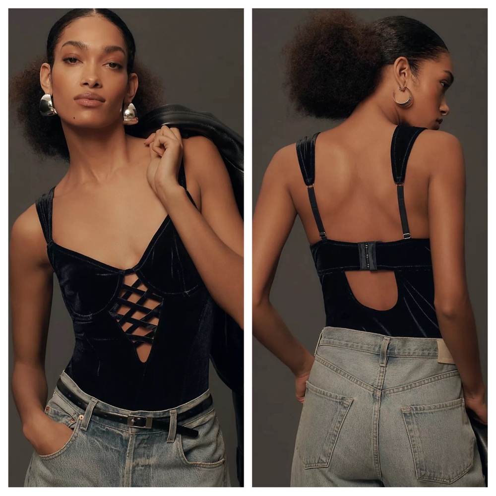 NWT Anthropologie Velvet Lattice Bodysuit Black S